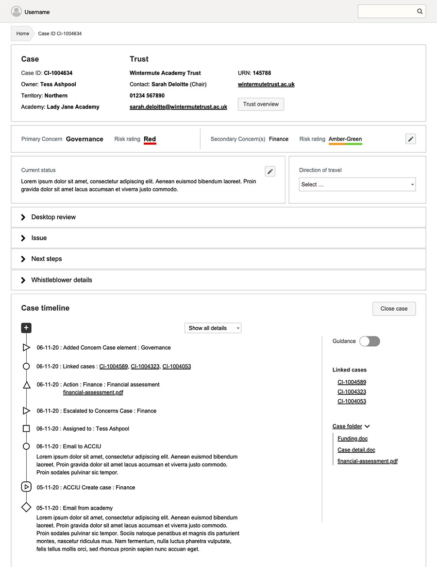 Prototype screen showing a detailed case view, including school and trust information, risk ratings, timeline, and linked documents.
