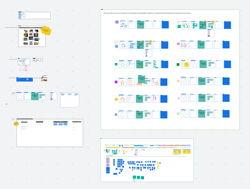 Screenshot of another online whiteboard from the second naming workshop showing rows of naming concepts, user journey references, and evaluation criteria for different name directions.
