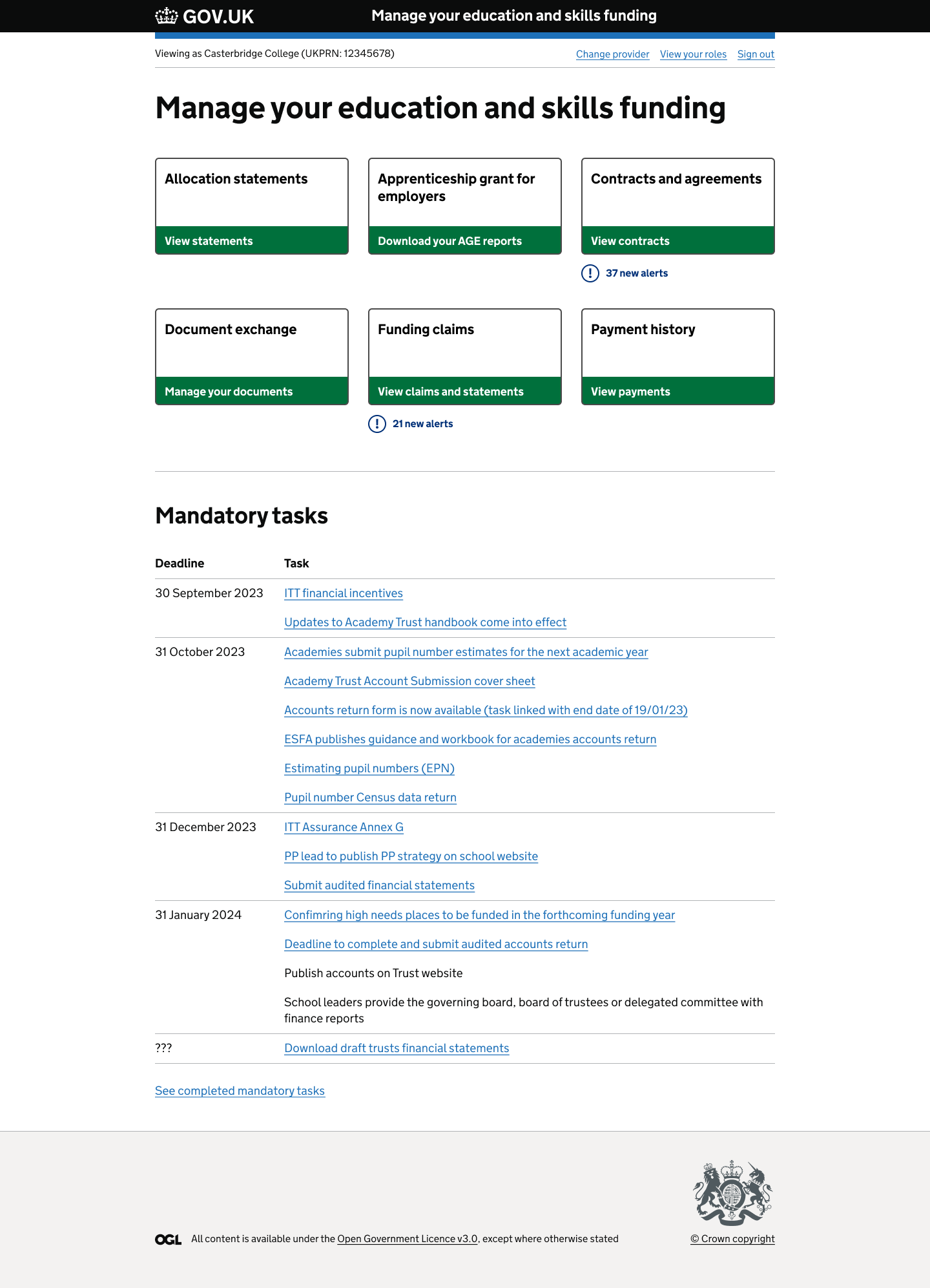 Screenshot of the alpha DfE Connect release showing tiles for education and skills funding services, and a list of mandatory tasks with deadlines on the MYESF platform.