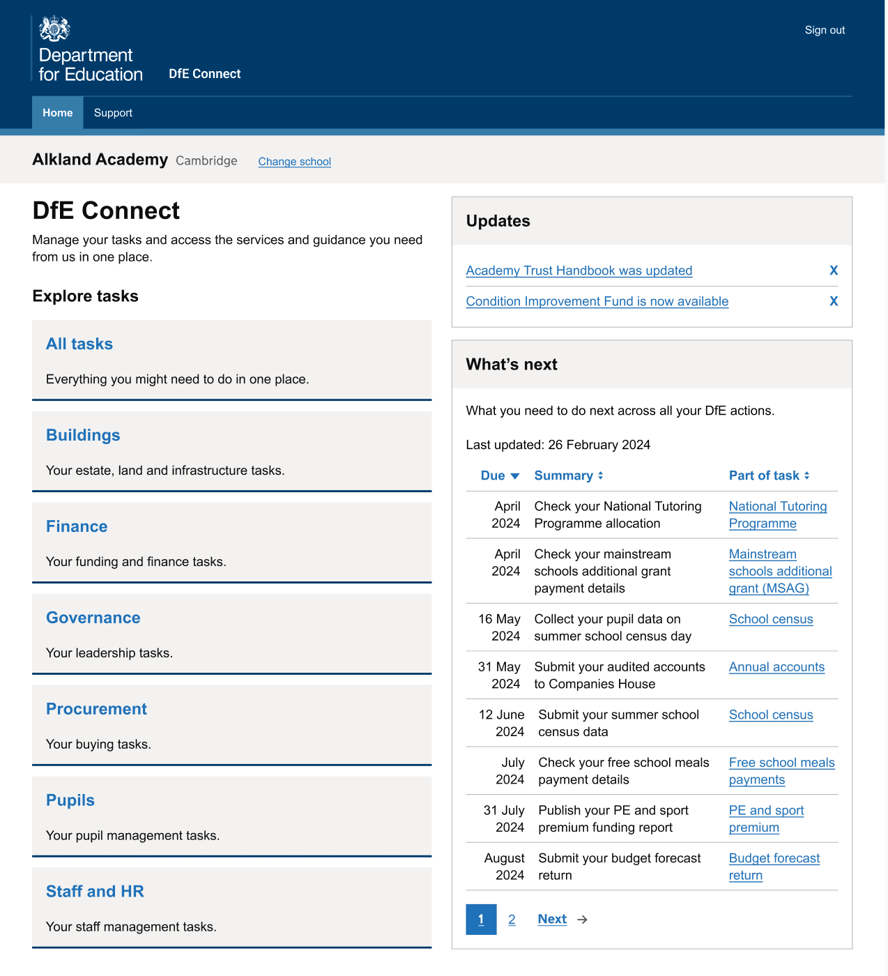 Beta version of the DfE Connect homepage, showing task categories such as Buildings, Finance, and Governance, and a ‘What’s next’ panel with upcoming deadlines.