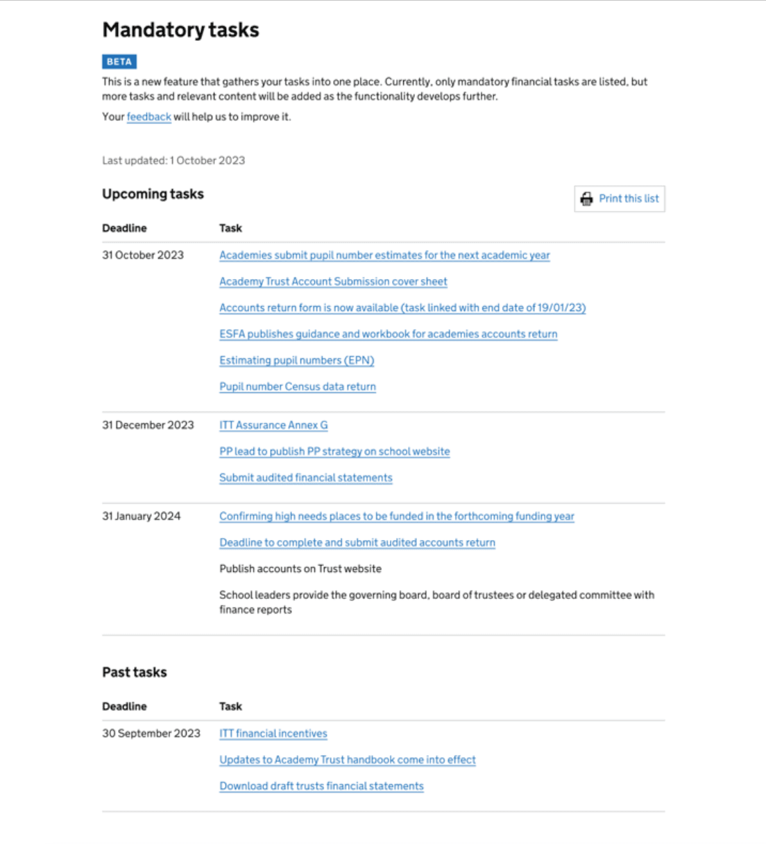 Screenshot of the initial Mandatory Tasks screen in Beta, showing grouped task deadlines and links, with a message explaining the feature is in development.