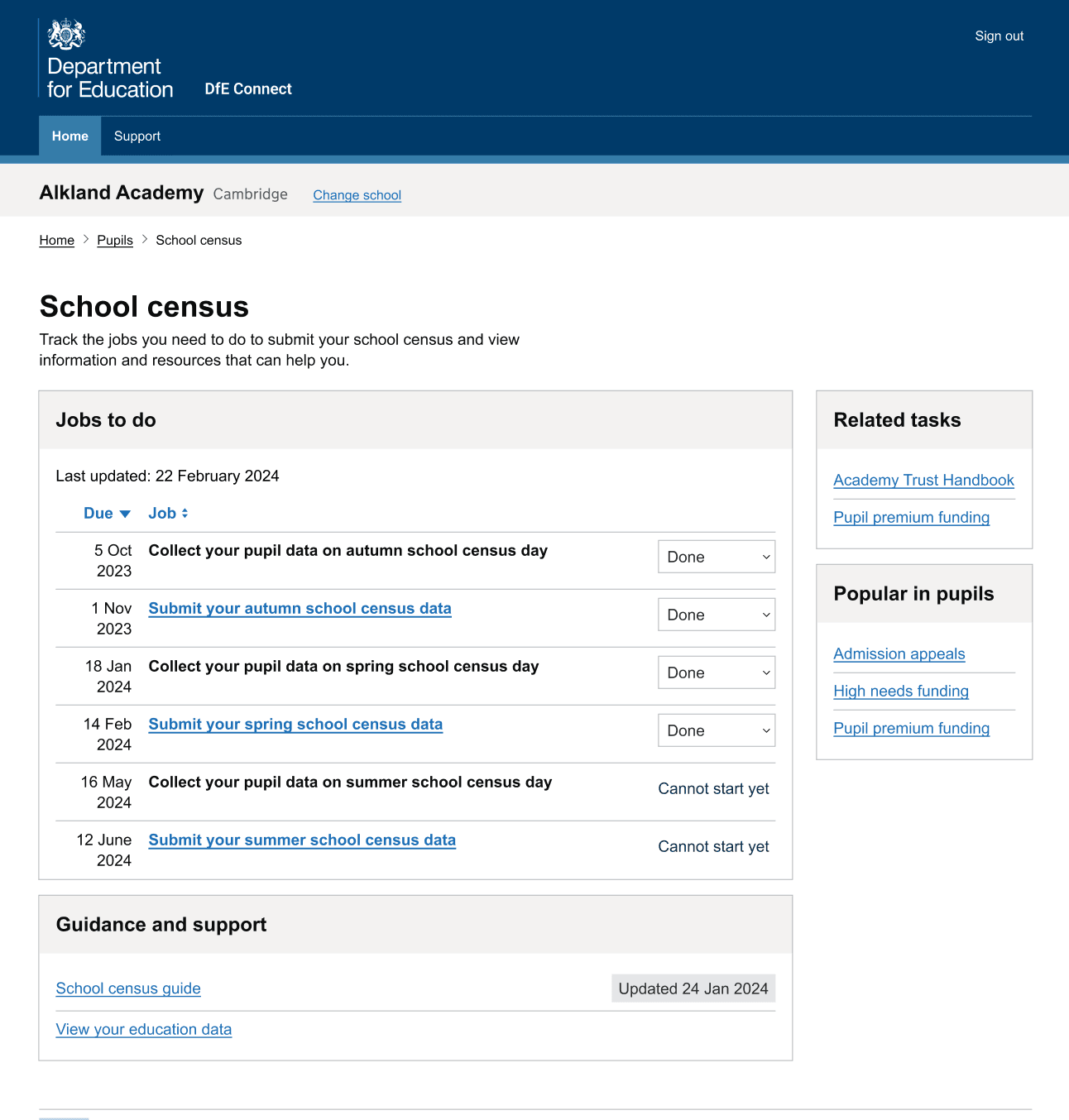 Screenshot of the School Census page in DfE Connect, listing pupil data tasks by due date, with guidance and related tasks.