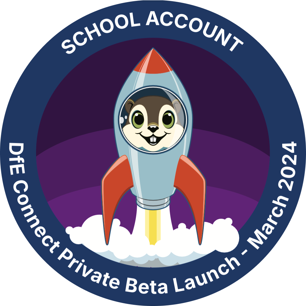 Illustrated mission patch badge showing a smiling animal mascot in a rocket ship, labelled ‘School Account – DfE Connect Private Beta Launch – March 2024