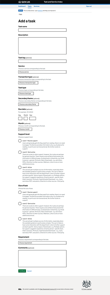Form screen for adding a new task to the Task and Service Index, showing fields for task name, description, theme, due date, and support level.