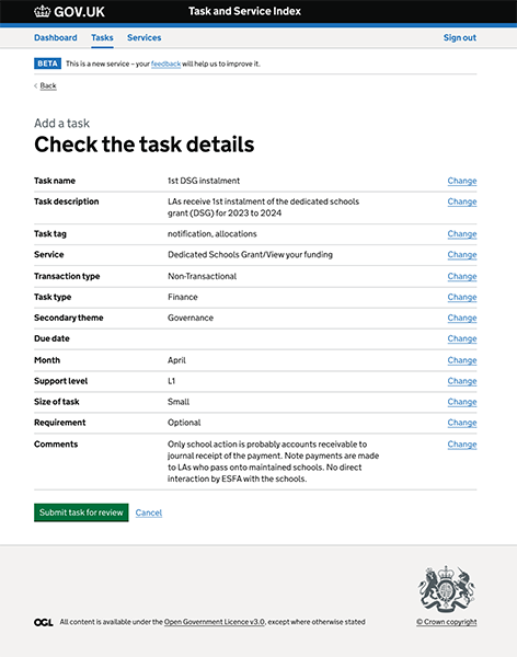 Review screen for a new task in the TSI, summarising all entered details before submission, including task name, description, themes, and due date.
