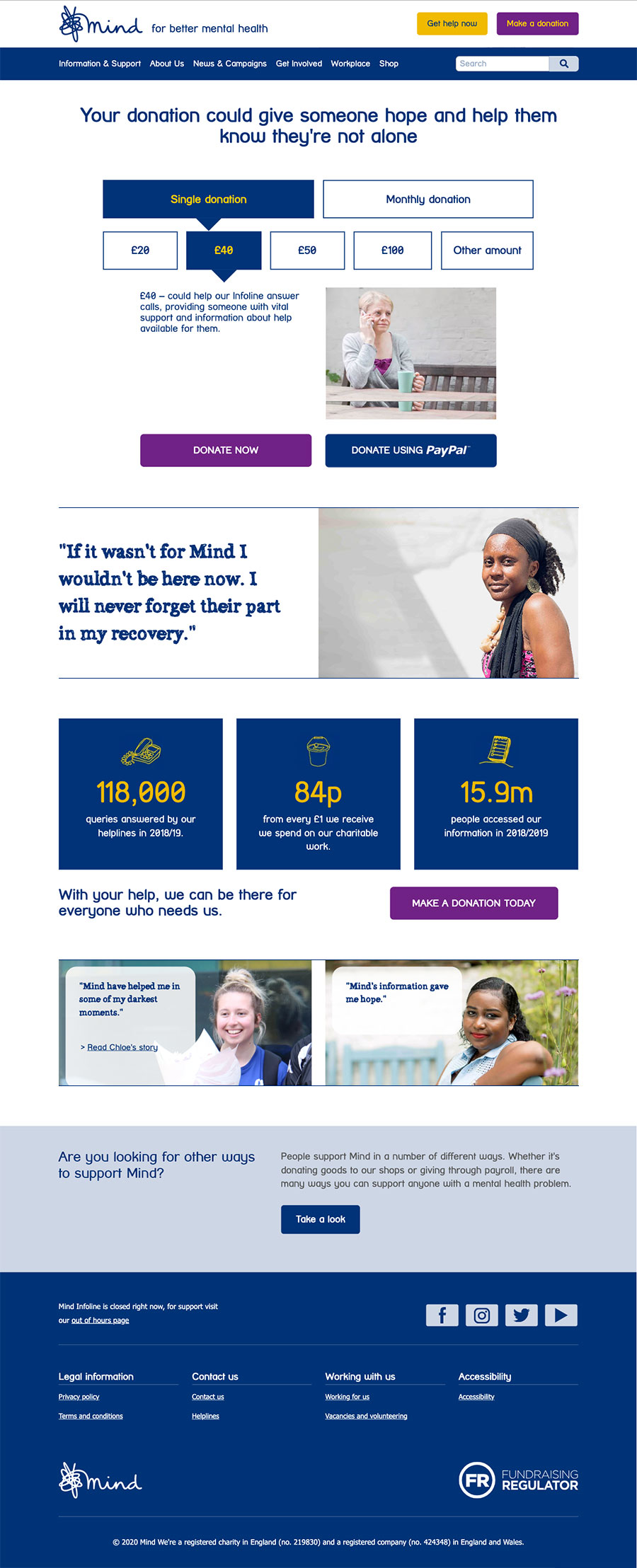 Redesigned Mind donation page featuring simplified options for one-off and monthly donations, clear CTAs, impact messaging, and testimonials.