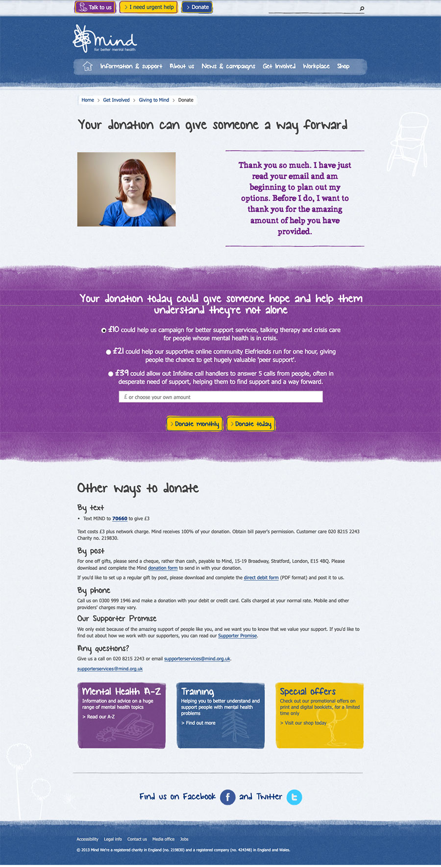 Previous version of Mind’s donation page with handwritten-style text, less structured layout, and less prominent donation options.