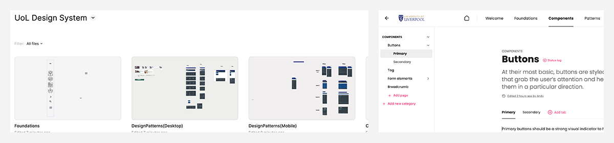 Side-by-side views of early design system work in Figma and ZeroHeight, including components and page structure for the University of Liverpool digital estate.