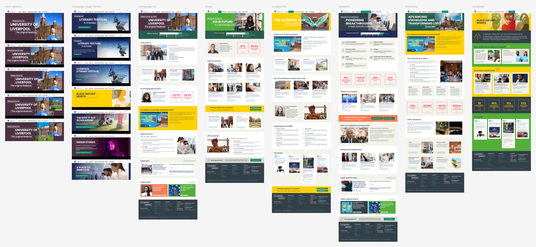 Composite view of redesigned university pages including homepage, study, student life, research, and campaign pages, with strong brand elements and consistent layouts.
