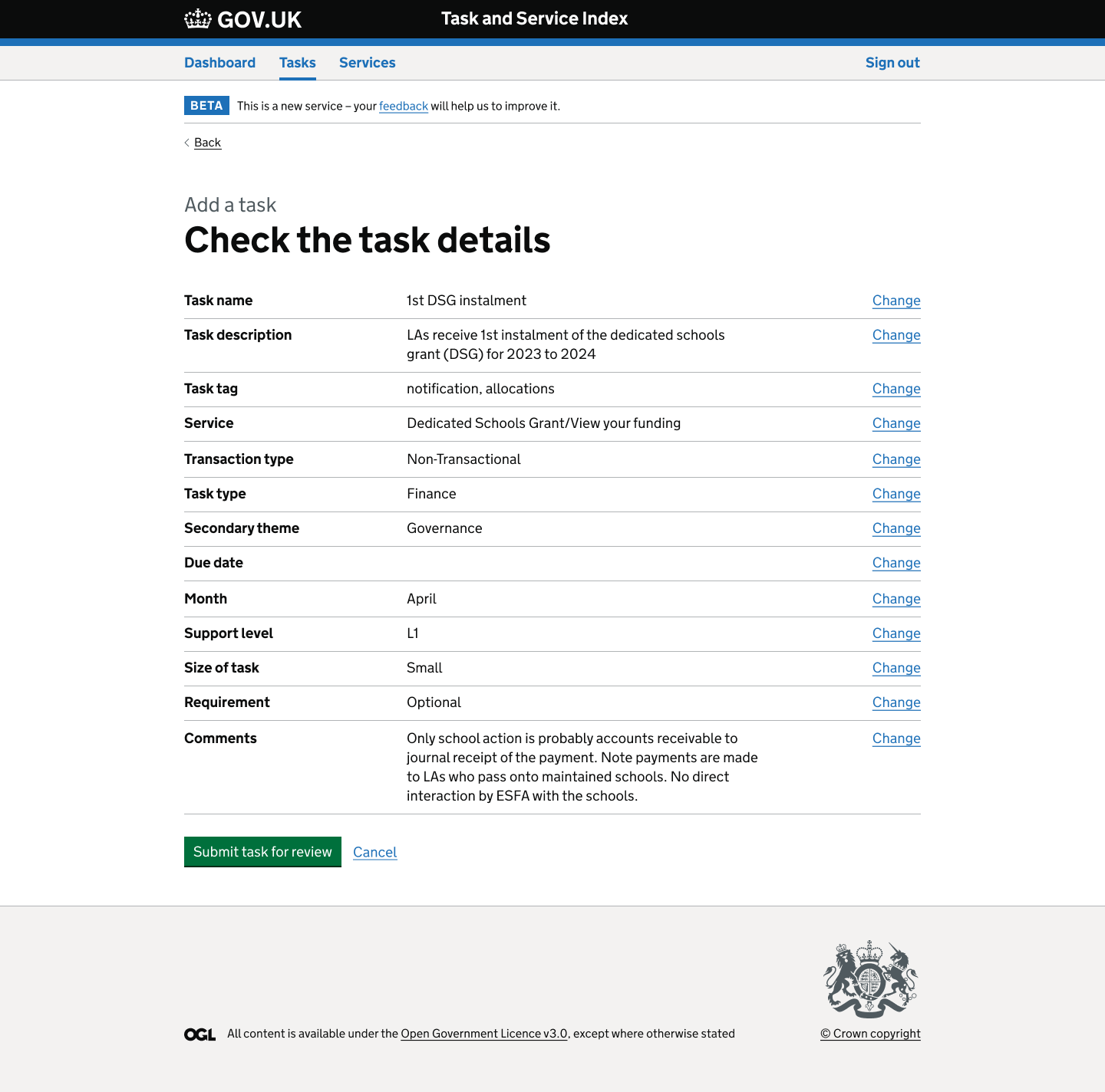 Review screen for submitting a new task.
