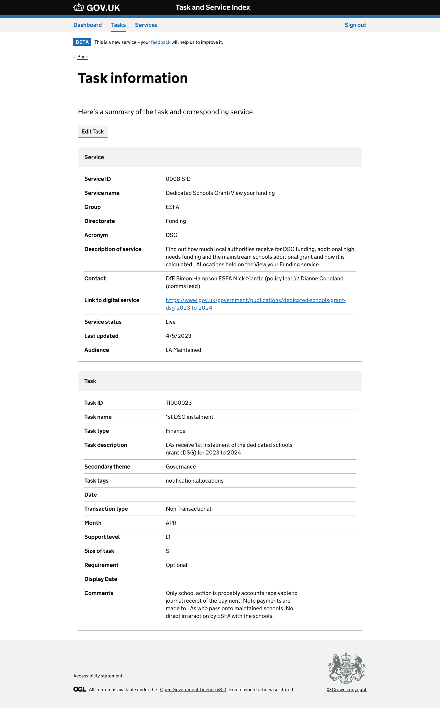 Task detail screen with service and task metadata.