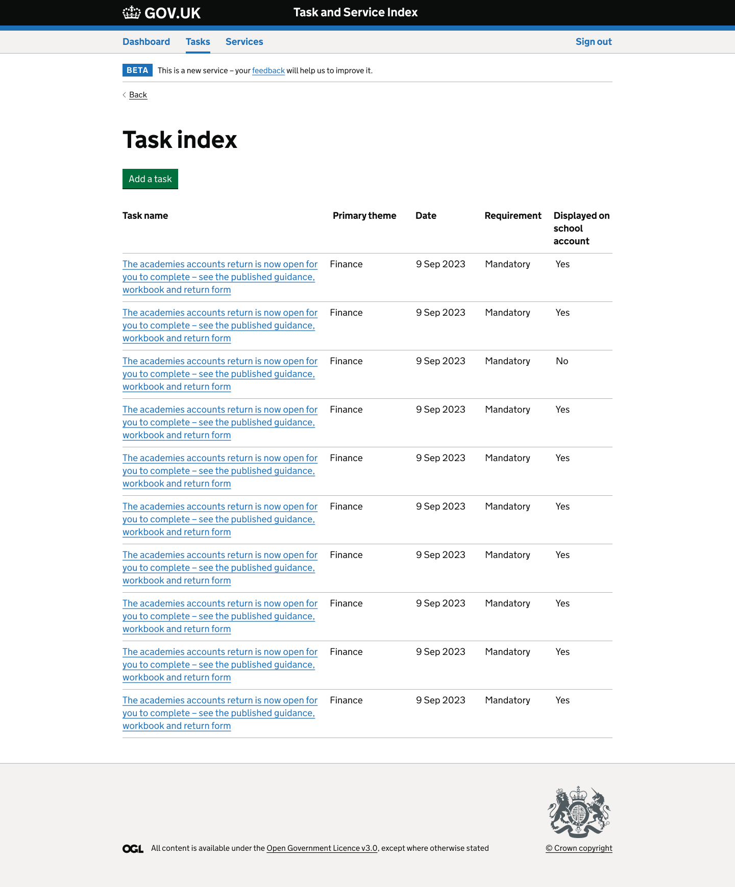 TSI task list showing metadata for each task.